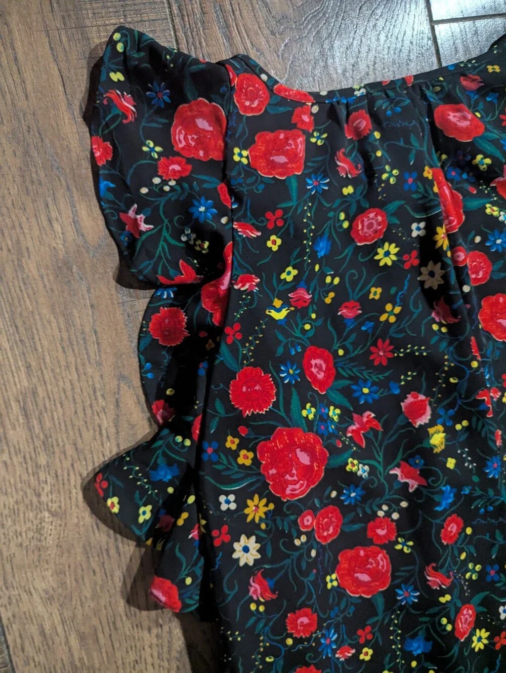 J Crew Black w/ Vibrant Red & Yellow Floral Print Flutter Mini Ruffle Dress Sz S